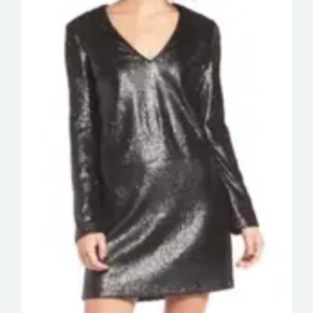WAYF Black Women's Long Sleeve Sequined Shift Spandex Mini Dress